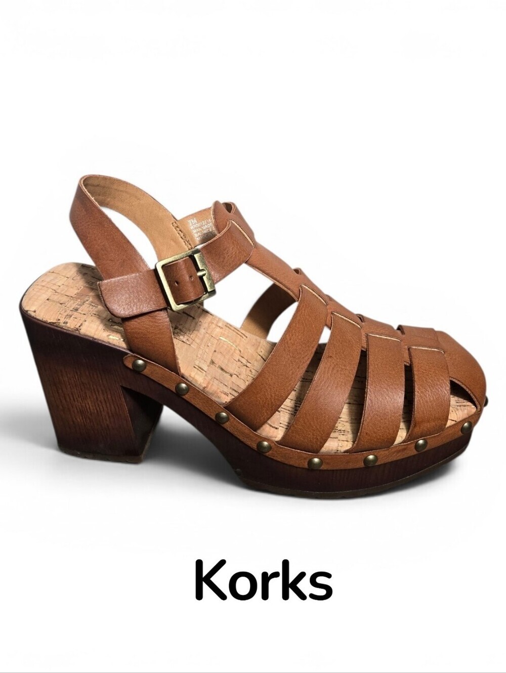 Korks Whitney Platform Tan Leather Strappy Fisherman Clog Block Heels Sandal